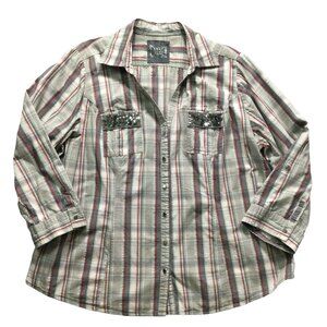 Cato Womens Top size 22W 24W 2X Multicolor Striped Button Up 3/4 Sleeves Cotton